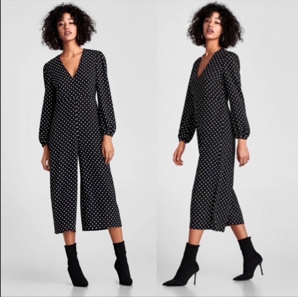 ZARA CROPPED POLKA DOT JUMPSUIT SIZE S Office Siren Mobwife Steampunk